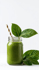 Refreshing Green Smoothie in Mason Jar with Striped Straw and Fresh Leaves on White Background for Healthy Eating and Detox Lifestyle Concept