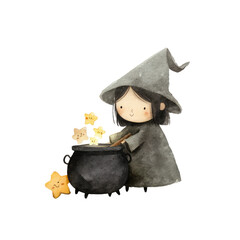 Whimsical Tiny Witch Stirring Cauldron in Watercolor Illustration Perfect for Halloween Decor and Festive Artwork