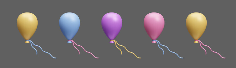 Colorful helium air balloons 3D style realistic vector illustration. Birthday party decoration, happy holiday anniversary celebration, colorful festive balloons 3D icon set.