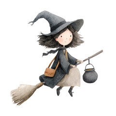 Charming Witch Illustration with Watercolor Details Ideal for Halloween Celebrations and Art Projects