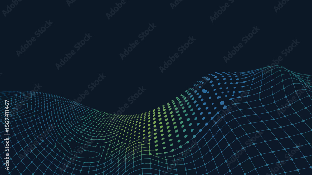 Poster abstract dark blue background with a wavy grid and gradient dots on the lower part of the image