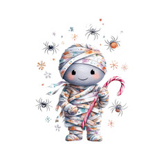 Colorful Mummy Character Wrapped in Bandages Holding Candy Cane Surrounded by Festive Elements