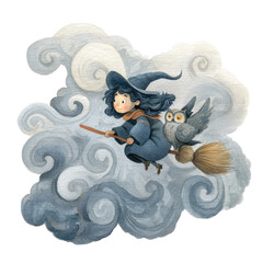 Enchanting Little Witch Flying on Broomstick with Owl Among Whimsical Clouds in a Magical Sky