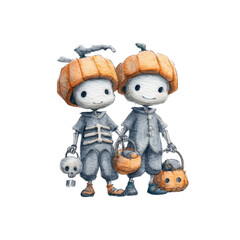 Two Adorable Children Dressed as Pumpkins Enjoying Trick or Treating in Festive Costumes with Halloween Buckets