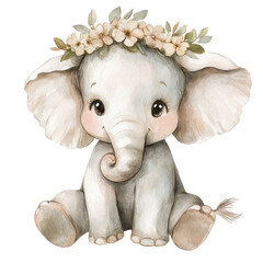 Adorable Baby Elephant Sitting with Curled Trunk and Floral Crown in Gentle Watercolor Style