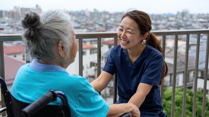 Urban compassion young japanese nurse provides care to elderly woman on a bright emotional day