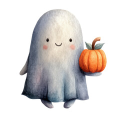 Charming Watercolor Illustration of a Friendly Ghost Holding a Pumpkin with a Playful Expression for Halloween Themes