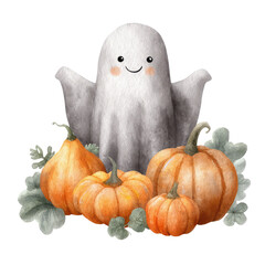 Cute Friendly Ghost Surrounded by Autumn Pumpkins in Watercolor Illustration for Seasonal Themes and Decorative Use
