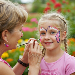 Grandmother Painting Butterfly on Granddaughters Face