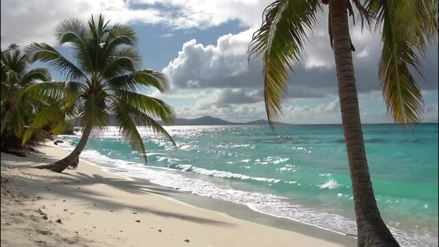 Serene Tropical Beach Scene Palm Trees, Turquoise Waters, and White Sand
