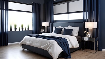 Ultra-modern bedroom featuring deep blue bedding on a low-profile double bed, with charcoal gray walls, minimalist black-and-white posters above the headboard, and a large window 