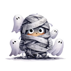 Cute Watercolor Illustration of a Little Mummy Surrounded by Playful Ghosts in a Whimsical Halloween Scene