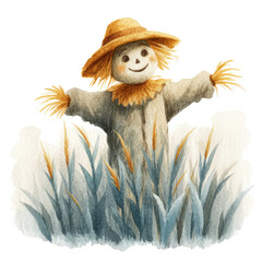 Whimsical Watercolor Illustration of a Joyful Scarecrow Surrounded by Lush Grass and Wheat Fields