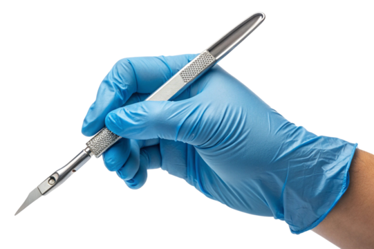 Close up of a hand wearing a blue medical glove holding a scalpel isolated on transparent background