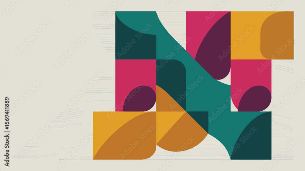 Poster abstract geometric pattern with squares circles and curved lines in teal pink and mustard colors