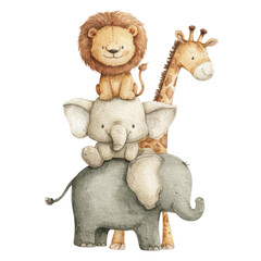 Cute Stack of Soft Watercolor Animals Featuring Lion, Elephant, and Giraffe in Non-Realistic Clipart Style for Children