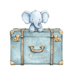 Charming Vintage Illustration of Elephant Peeking Out from Blue Suitcase with Pastel Stars