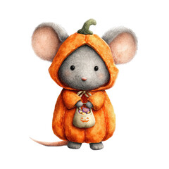Adorable Mouse in Pumpkin Costume Holding Tiny Treat Bag for Halloween Festivities and Celebrations
