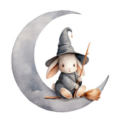 Charming Watercolor Illustration of a Small Witch Bunny Sitting on a Crescent Moon with a Magic Broomstick