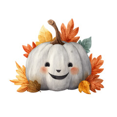 Cheerful Smiling Jack-O-Lantern Surrounded by Vibrant Autumn Leaves for Seasonal Celebration and Festive Decor
