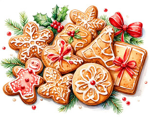 Watercolor. Illustration. Juicy food. Set of Christmas gingerbread cookies. White background. For design.