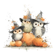 Adorable Watercolor Illustration of Owls in Halloween Hats Surrounded by Pumpkins and Autumn Leaves