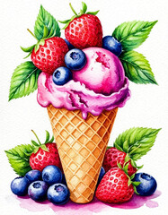 Watercolor. Illustration. Juicy food. Multicolored ice cream in a waffle cone on a white background. Raspberry and blueberry berries. For design.