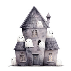 A Whimsical Haunted House with Friendly Ghosts Peeking Out from Windows and Roof, Perfect for Halloween Themes