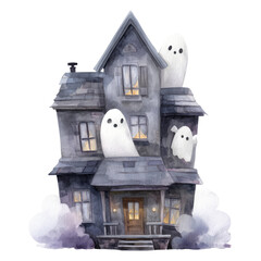 Friendly Ghosts Peeking from a Haunted House with Whimsical Charm and Enchanting Atmosphere