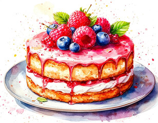 Watercolor. Illustration. Juicy food. Cake with berries and mint on a plate. White background. Pattern For design.