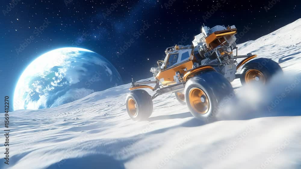 Poster advanced space exploration vehicle traversing lunar terrain with earth visible in background. rugged