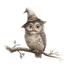 Little Owl Perched on a Branch with Wide Eyes and a Mysterious Hat