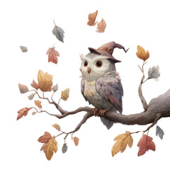 Charming Owl Perched on a Tree Branch Enthusiastically Wearing a Tin Accessory Surrounded by Autumn Leaves