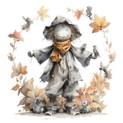 Cheerful Scarecrow Surrounded by Autumn Leaves and Cute Animals with a Friendly Smile for Fall Themed Designs