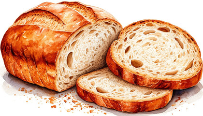 Watercolor. Illustration. Juicy food. White fresh bread in a cut and ears of wheat. White background. Pattern For design.
