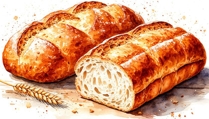 Watercolor. Illustration. Juicy food. White fresh bread in a cut and ears of wheat. White background. Pattern For design.
