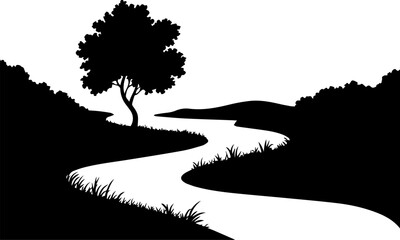 river curves with trees silhouette vector illustration