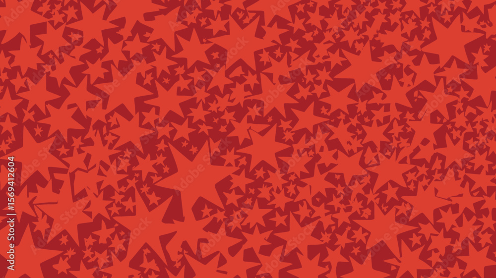 Poster a red background filled with various sized stars scattered across the entire surface of the image pl