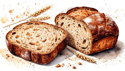 Watercolor. Illustration. Juicy food. Rye bread in section and ears of wheat. White background. Pattern For design.