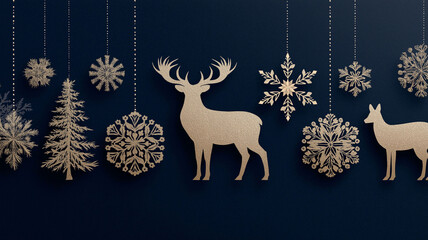 Festive Hanging Ornaments: Elegant hanging ornaments featuring snowflakes, a Christmas tree, and reindeer add a touch of luxury to a navy backdrop, perfect for creating a festive holiday atmosphere.