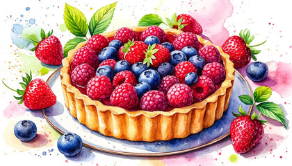 Watercolor. Illustration. Juicy food. Berry pie on a plate. White background. Pattern For design.