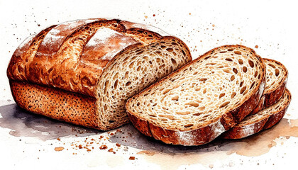 Watercolor. Illustration. Juicy food. Rye bread in section. White background. Pattern For design.
