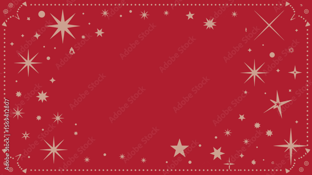 Poster a red background with a border of dots and stars of various sizes scattered around the edges of the 