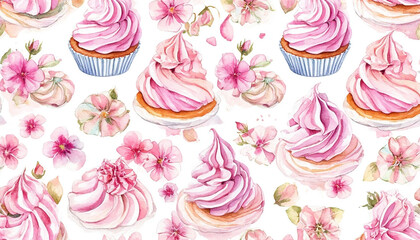 Watercolor. Illustration. Juicy food. Set of desserts on a plate. Delicate pink colors. Cupcakes. Meringue. White background. Pattern For design.