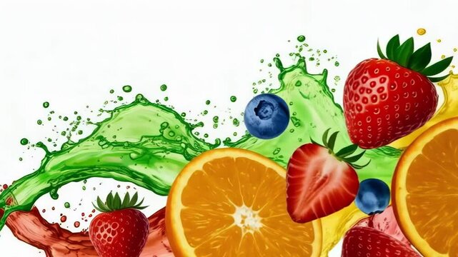 A colorful splash of juice highlights fresh oranges, strawberries, blueberries, lime and raspberry isolated on white background
