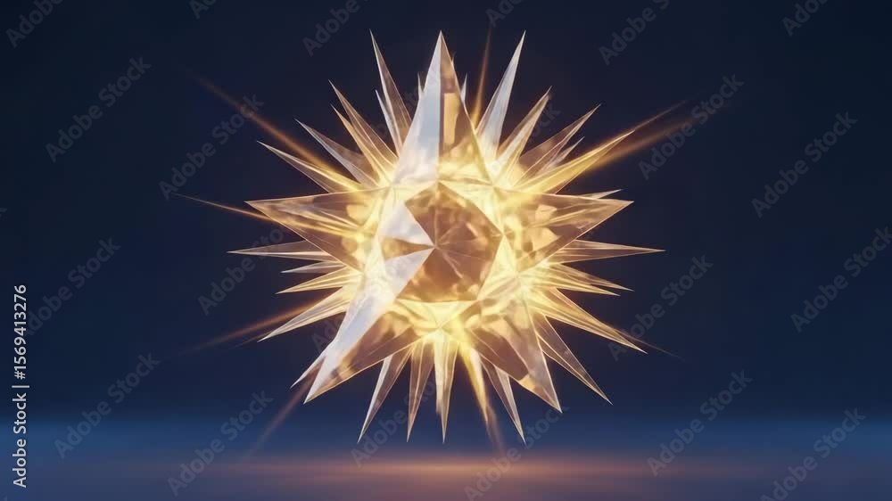 Poster abstract golden spiky sphere with radiating light on a dark background in a digital rendering