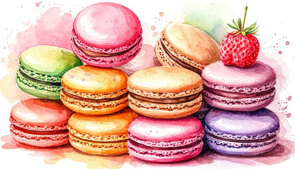 Watercolor. Illustration. Juicy food. Set of macaroons on a plate. White background. For design.