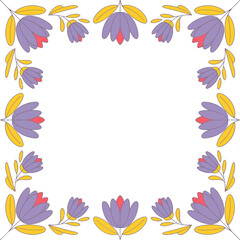 Purple tulip and yellow blossom frame, square floral border, hand drawn botanical wreath, spring invitation, decorative vector design