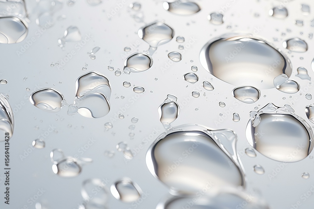 Poster close up view of water droplets glistening on a smooth surface, creating a mesmerizing interplay of 