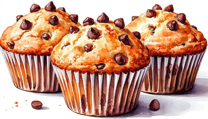 Watercolor. Illustration. Juicy food. Set of cupcakes with chocolate on a plate. White background. For design.